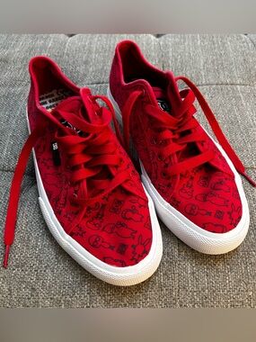 DC Red Sneakers with Black Playful Print men’s 8 women 9.5 low top fun style